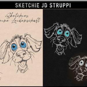 Könnte beinhalten: Eine Schwarzweiß-Zeichnung eines Hundes mit blauen Augen. Der Hund schaut nach oben und hat die Zunge herausgestreckt. Der Text "Sketches, meine Leidenschaft" ist in Kursivschrift über dem Hund geschrieben.