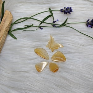 May include: A selection of polished, golden-brown gemstone shapes, including a butterfly and several teardrop and triangular forms. The stones display a striped pattern. A sprig of lavender and a piece of wood are also visible.