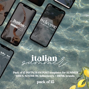 ITALIAN SUMMER Pack of 15 Instagram Graphic Post Templates, Canva Customizable, Social Media Digital Downloads, Aesthetic, Boho