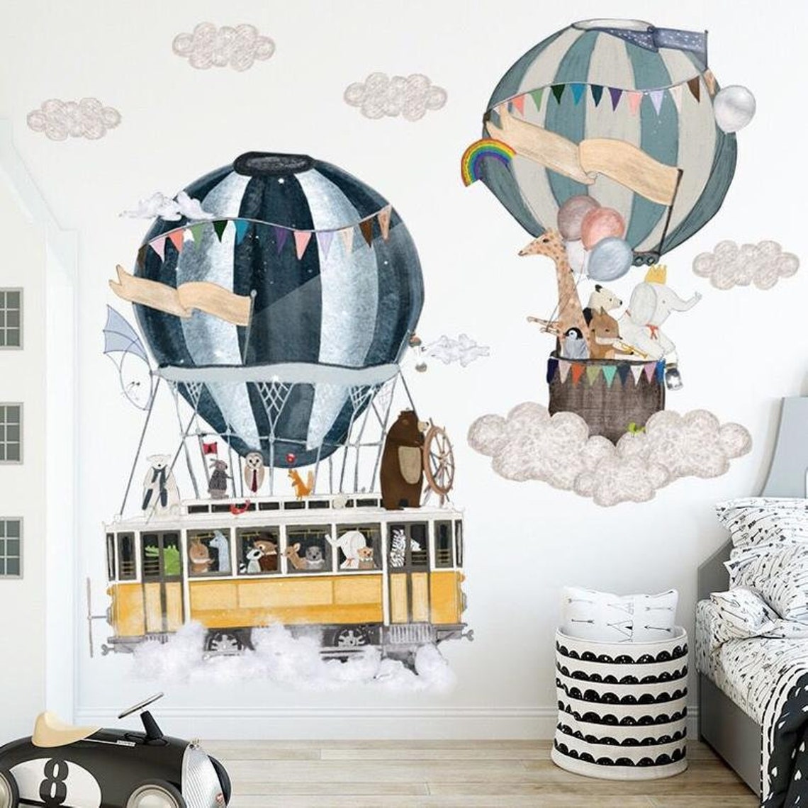 Retro Hot Air Balloons Nursery Wall Decals,watercolor Clouds Wall Decals,hot Air Balloon