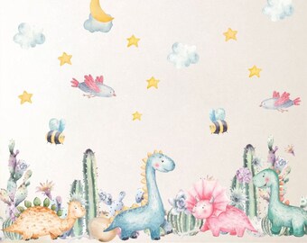 Watercolor Dinosaur Wall Sticker Forest Animal Decal Dinosaur Decal Kids Room Sticker Background Wall Decal Bathroom Sticker Cactus Decal