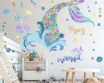 Underwater world wall stickers watercolor fish tail decals mermaid wall stickers bedroom living room wall decals fish wall stickers