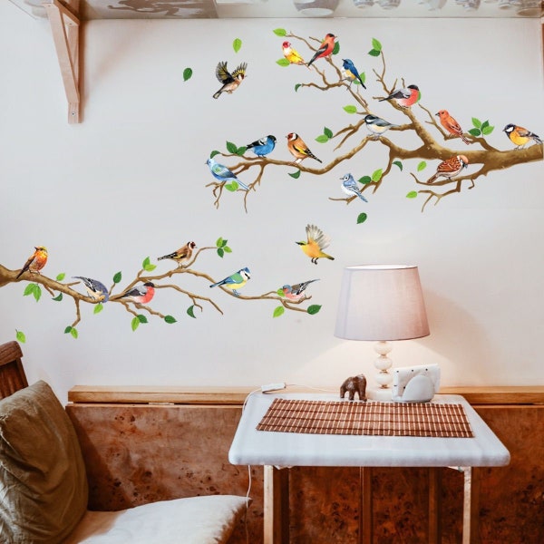 Branch Decals Plant Branches and Bird Wall Stickers Animal Bird Wall Decals TV Wall Decals Glass Kids Room, Door Decals, Bathroom Stickers