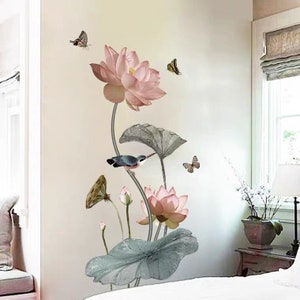 Chinese style lotus wall decals,Flowers Wall Sticker,Bird Butterfly Wall Sticker,living room bedroom background wall decoration