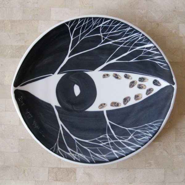 Marked Down Mid Century Modern Korean Vintage Surreal Blue and White Eye Plate