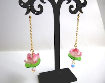 Lily Pad & Lotus Flower Dangle Earrings: Bohemian Style, E212