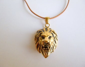 Lion Head Necklace, Stainless Steel Pendant Necklace Comes on a Leather Cord, Antique Gold Lion Head Necklace, Makes a Great Gift, N-box