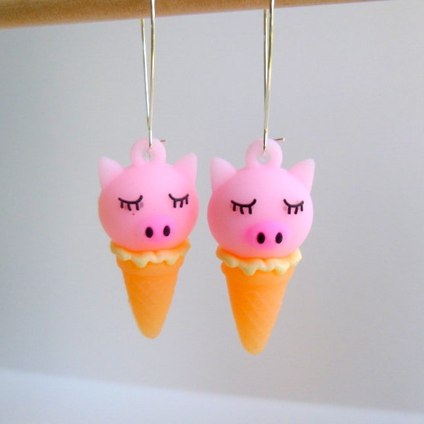 Pink Piggy Head Ice Cream Cone Earrings, Piggy Head Ice Cream Cone Earrings, Piggy Ice Cream Cone Earrings, Pig Ice Cream Earrings, E905