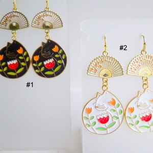 Adorable Fan and Cat Dangle Earrings, Unique Kawaii Dangle Earrings, Your Choice of two Different Colors,  Great Gift, E474