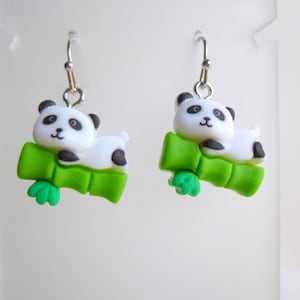 Panda Bear on Bamboo Dangle Earrings: Novelty Animal Jewelry, E427