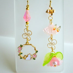 Pink Sakura Cherry Blossom Earrings - Japanese Sakura Cat Earrings - Cherry Blossom Earrings - Asymmetrical Fan and Flower Earrings, E463
