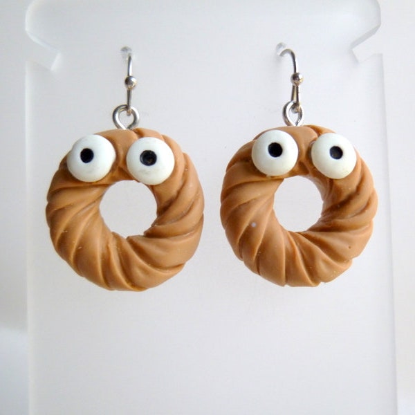 Donut with Eyes Dangle Earrings, Unique Little Food Dangle Earrings, Google Eyed Donut Earrings, A Lot of Fun to Wear Dangle Earrings, E418