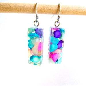 Colorful Shell Slice Resin Earrings: Rectangle Dangle, Brass Hooks, E247