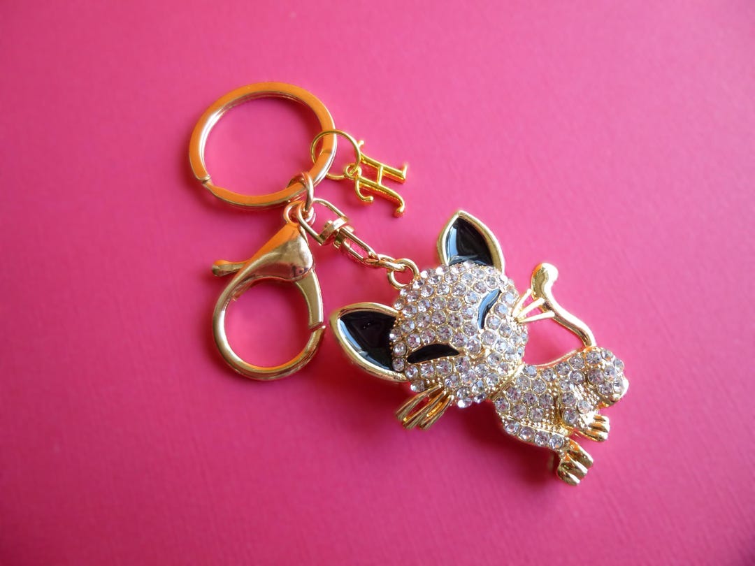 Personalized Rhinestone Cat Key Chain, Kitten Rhinestone Key Chain, Can