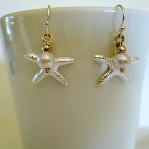 Silver Starfish Earrings: Pearl Accent, Beach Wedding Jewelry, BX