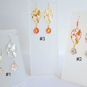 Hummingbird Dangle Earrings: Sakura Flower, Gold, Rose Gold, Silver, E452