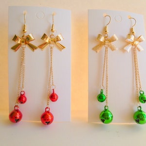 Get in the Holiday Spirit with Red or Green Jingle Bells and Gold Bows Dangle Earrings, Very Pretty and Dainty Earrings, C4