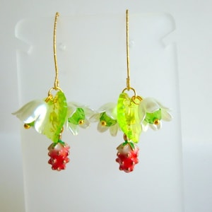 Strawberry Dangle Earrings with Flowers: Stainless Steel Hooks, E408