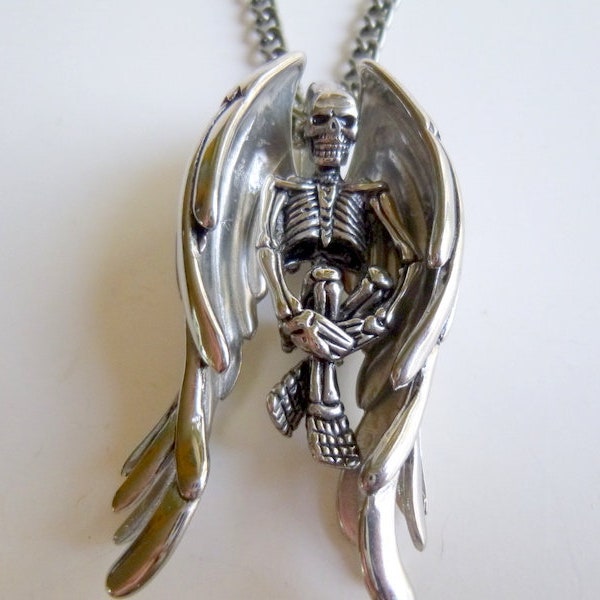 304 Stainless Steel Skeleton with Wings Necklace, Skeleton with Wings Chain Necklace, Skeleton with Wings Leather Cord Necklace, N-box