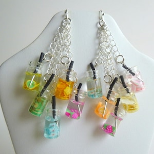 Bubble Tea Earrings, Fun Bubble Tea Earrings, Many Colors Available, Novelty Earrings, Glass Bottle Pendants With Resin Inside, E231