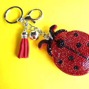 Op de afbeelding: Een sleutelhanger met een lieveheersbeestje met een rood, met strass bedekt lichaam en zwarte stippen. De sleutelhanger heeft een zilverkleurige ketting, een rode kwast en een zilveren bedel. De achtergrond is heldergeel.