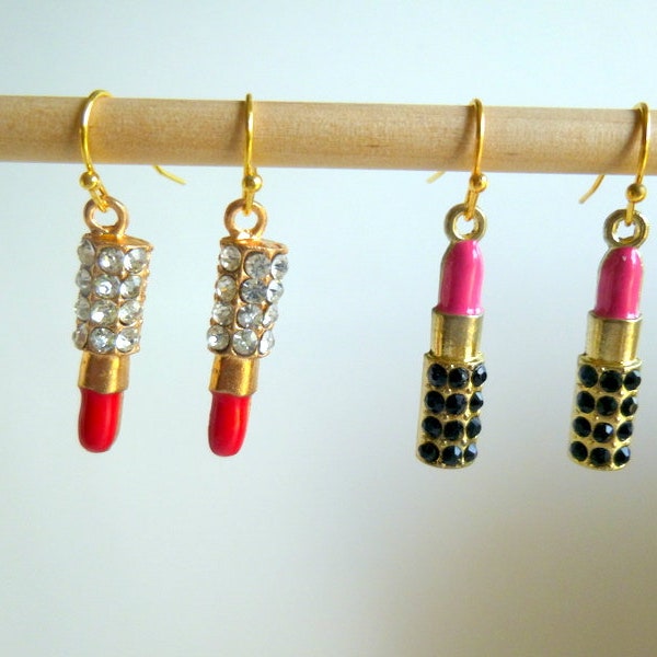 Three Pairs Lipstick Earrings, Lipstick Earrings, Fun Lipstick Earrings, Rhinestone Lipstick Earrings, Bling Lipstick Earrings, E-Box