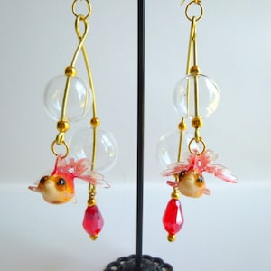 Koi Dangle Earrings: Goldfish with Crystal Bubble, E55