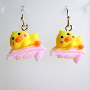 Yellow Duck on Pink Feather Dangle Earrings, E424