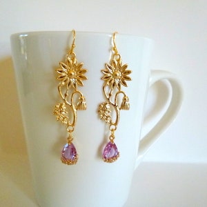 Faceted Purple Teardrop Dangle Earrings with Gold Flower, E397