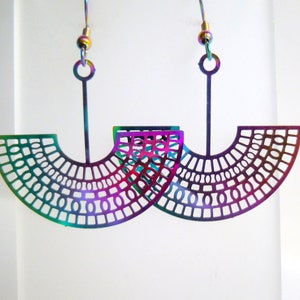 Multi Color Dangle Fan Earrings, Colorful Unique Fan Dangle Earrings, Lightweight Rainbow Fan Dangle Earrings, E475