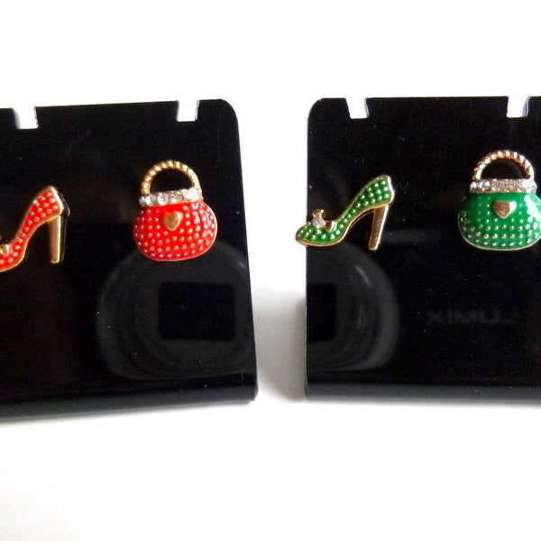 High Heels/Cute Bag Design With Shiny Rhinestone Decor Red or Green Asymmetric Earrings, Cute Style Jewelry, E596