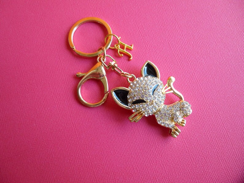 Personalized Rhinestone Cat Key Chain, Kitten Rhinestone Key Chain, Can