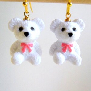 White Resin Teddy Bear Earrings, Lead/Cadmium/Nickel Free: E241
