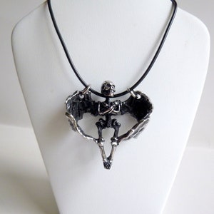 Gothic Skeleton with Wings Necklace: Stainless Steel & Leather Cord, BX