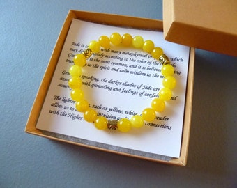 Yellow Jade Beaded Stretch Bracelet: Good Luck Charm, 8mm Dyed Jade, B349