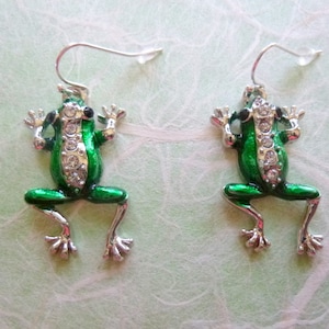 Green Rhinestone Frog Earrings, Rhinestone Frog Earrings, Frog Earrings, Green Silver Black Rhinestone Frog Earrings, Frog Lover Gift