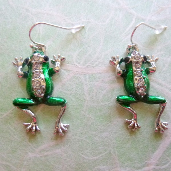 Boucles d’oreilles grenouille strass vert, boucles d’oreilles grenouille strass, boucles d’oreilles grenouille, boucles d’oreilles grenouille strass noir argent vert, cadeau Frog Lover