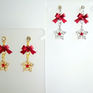 Snowflake with Bow Post Earrings, Cubic Zirconia Snowflake Comes in Gold or Silver Stud Earrings, Winter/Christmas Earrings, BX