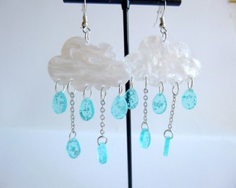 White Fluffy Clouds with Raindrops Dangle Earrings, Mother Nature Inspired Dangle Earrings, Lazy Day Inspired Dangle Earrings, E510