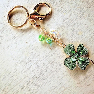 Personalized Four Leaf Clover Keychain: Rhinestone Lucky Charm, K312