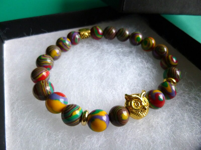 Colorful Beaded Stretch Bracelet with Gold Owl Charm, B255