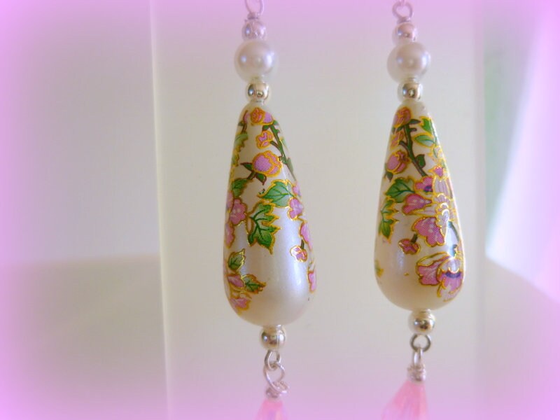 Orecchini Pendenti Con Fiori Di Ciliegio E Perle – Rosa E Oro – Boho Chic Per Donne - 3