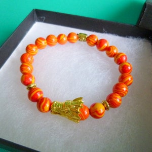 Dragon Head Beaded Stretch Bracelet: Orange & Yellow Imitation Malachite, B258