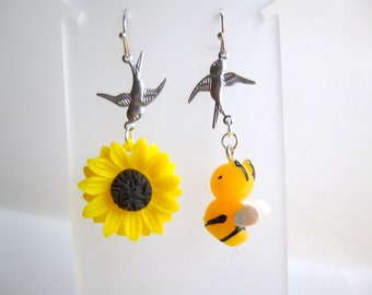 Pendientes colgantes asimétricos de girasol: diseño de pájaro y abeja, E432