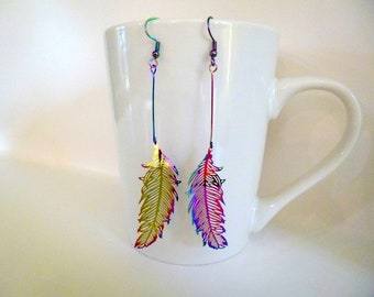 Multi Color Feather Dangle Earrings, Rainbow Feather Dangle Earrings, Feather Dangle Earrings, Feather Earrings, Dangle Earrings, E335