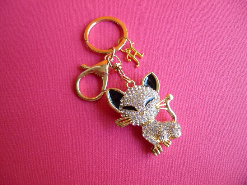Personalized Rhinestone Cat Key Chain, Kitten Rhinestone Key Chain, Can