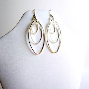 Modern Silver Three Oval Loop Earrings: Reflective Brass Rings, E264