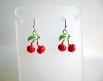 Cherry Dangle Earrings, Cherry Earrings, Silver Cherry Earrings, Fruit Earrings, Minimal, Novelty Unique Earrings, Gift for her,  E161