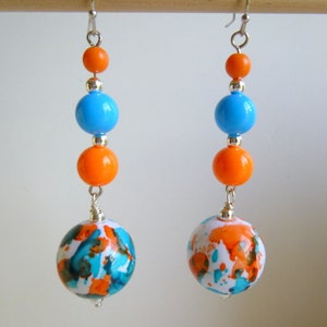 Colorful Bubble Gum Bead Dangle Earrings: Blue, Orange & White, E104