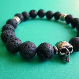 Lava Rock Bracelet with Stainless Steel Skull: 10MM Stretch Bracelet, B207
